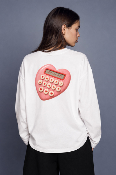 Eazy Co EAZY Unisex Oversize Uzun Kollu Tişört %100 Pamuk Ekru Love Dept. Bas...