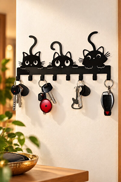 VENON METAL Siyah UTANGAÇ 3 KEDİ Dekoratif Yazılı Askılık Düzen Metal Anahtar...