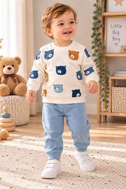 BEBEXO KIDS Erkek Bebek Ayıcık Desenli %100 Pamuklu Alt Üst 2li Takım| 6-9-12...