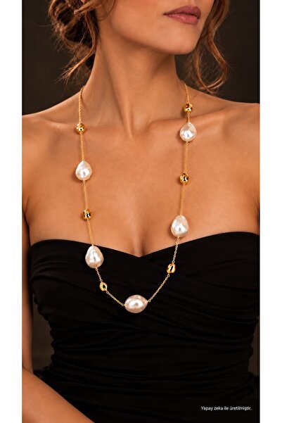 Valmont Women's Gold Color Baroque Pearl Detailed Long Chain Necklace – Elega...