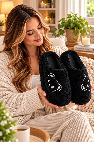 Moda Frato Fluffy Teddy Bear Patterned Women's Home Slippers Winter Wool Slip...