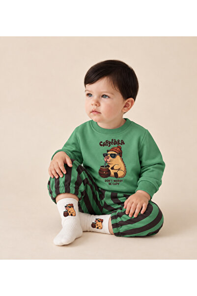 Asila Baby Capibara Baskılı Esnek Kumaş Sweatshirt Çizgili Pantolon ve Baskıl...
