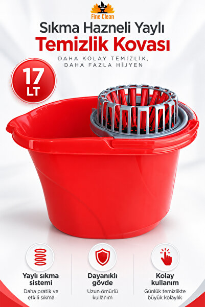 Fine Clean Klasik Sıkma Hazneli Yaylı Temizlik Kovası 17 lt Kırmızı Titiz Tem...