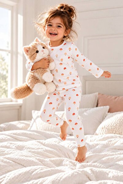Yarusya Kız Çocuk Pijama Takımı %100 Pamuk Uzun Kollu Mantar Desenli 2 Parça ...