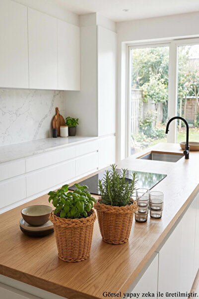 MİEN Modern Rattan Saksı Kabı 2'li Set - Banyo ve Mutfak Dekoratif Sepet