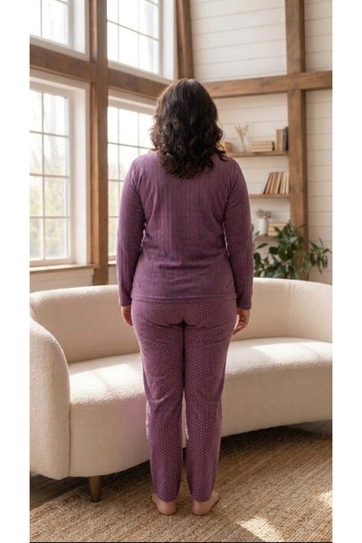 Eyfuze Women's Winter Plus Size Curve Embroidered Patterned Collar Buttoned Long Sleeve Pajama Set