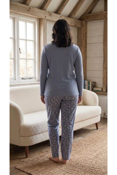 Eyfuze Women's Winter Plus Size Curve Embroidered Patterned Collar Buttoned Long Sleeve Pajama Set