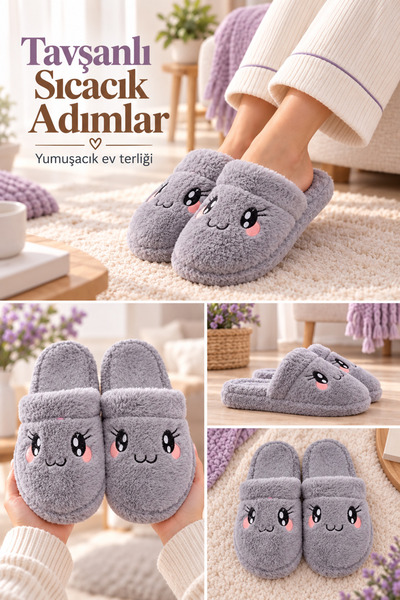 Behtah Kundura Fluffy Silent Sole Rabbit Figured Flat Slippers Women's House ...