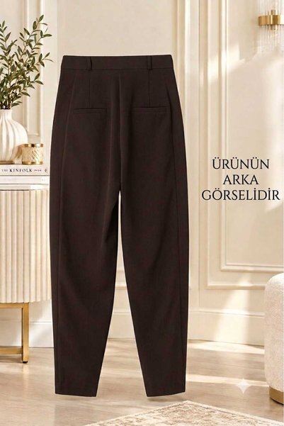 Puane Kadın Pantolon Kahverengi Renkli Kumaş Pantolon Zaramodel Pileli Paçaları Şık Düğme Detaylı Havuç Model