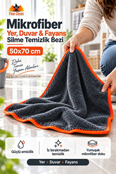 Fine Clean ( 1 Adet ) Turuncu Biyeli Mikrofiber Yer , Duvar Fayans Silme Temi...
