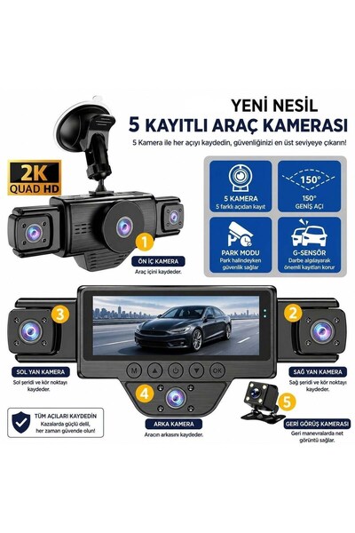 Bagajon 5 Kameralı N89 Araç İçi Kamera 2K Quad HD Ön İç Arka Yan Kameralı WiF...