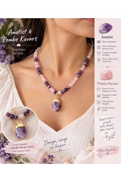 Leyandoğaltaş 55cm Amethyst & Pink Quartz Natural Stone Necklace – Gold Plate...