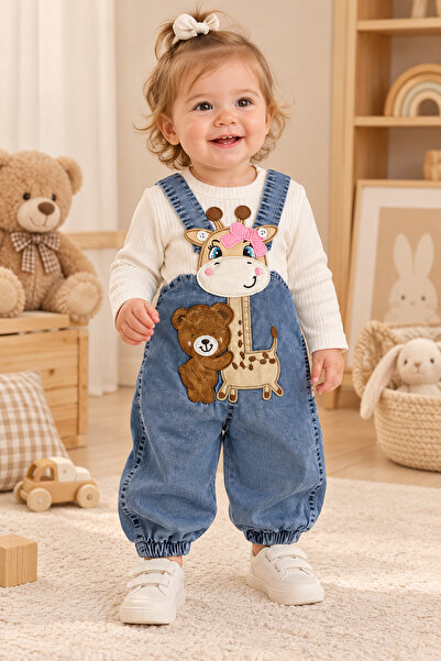 BEBEXO KIDS Kız Bebek Kot Salopet Takımı Sevimli Hayvanlar Figürlü Bodyli 2li...