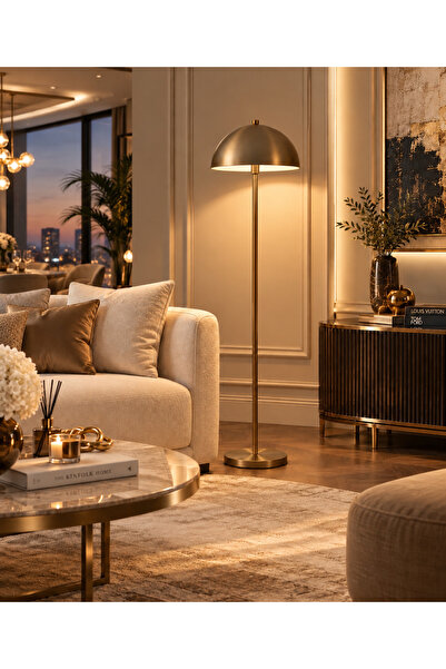 GemereHome Modern Tasarım Ayaklı Lambader Eskitme Gold Gövde Metal Abajur Ret...