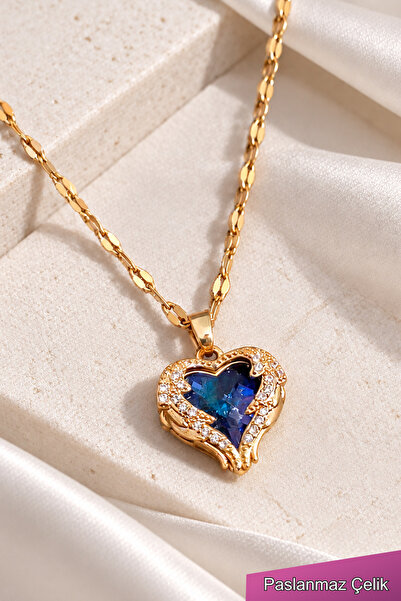 TREND COLLECTİON Kadın Paslanmaz Çelik Gold Zirkon Taşlı Mavi Kalp Kolye