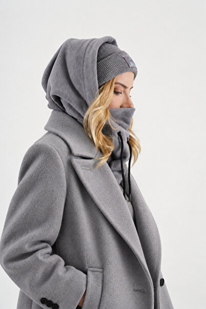 Cosy Club Shop Kadın Polar Açık Gri Kask Üstü Kar Maskesi Balaklava Şapka Atk...