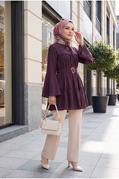 Modamorfo Spanish Sleeve Cupra Tunic with Lace-Up Collar and Buckle Belt - Plum