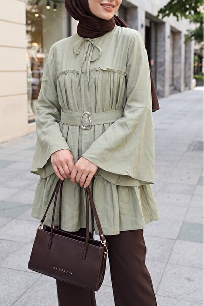 Modamorfo Spanish Sleeve Cupra Tunic with Lace-Up Collar and Buckle Belt - Green