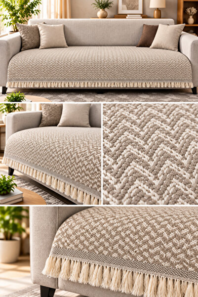 SEVMİŞ HOME %100 Pamuk Kaymaz Koltuk Örtüsü 90x200 cm Saçaklı Dokuma Koltuk Şalı
