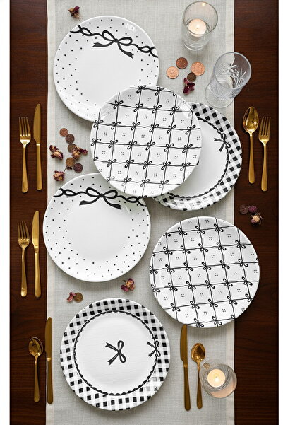 ers erbaşlar Siyah Fiyonk Lüx Seramik 6 Kişilik Pasta Seti Pasta Tabağı ( 20 cm)