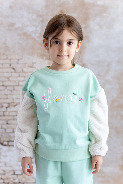 Zeyland Kız Çocuk Peluş Kol Detaylı Nakışlı Sweatshirt - Yeşil
