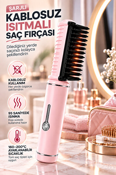 Ecuy Şarjlı Kablosuz Saç Düzleştirici Tarak Isıtmalı Seramik Fırça Isı Ayarlı...