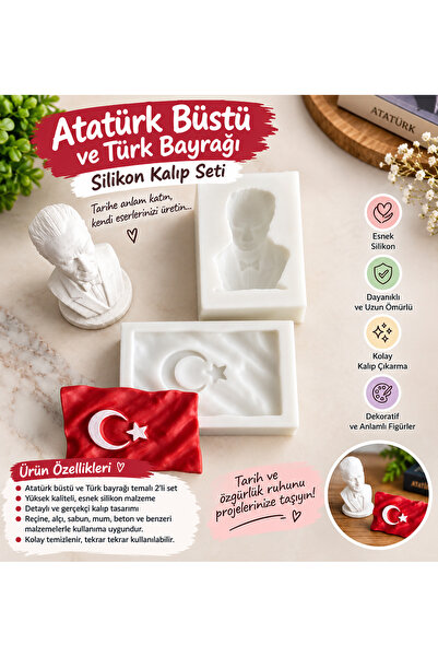 HobiCraft Market Atatürk Büstü ve Dalgalı Türk Bayrağı Silikon Kalıp Seti – B...