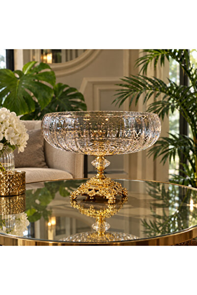Elta Collection Lotus Kristal 24 Cm Kesme Dekor Gold Ayak Salata Kasesi Cam S...