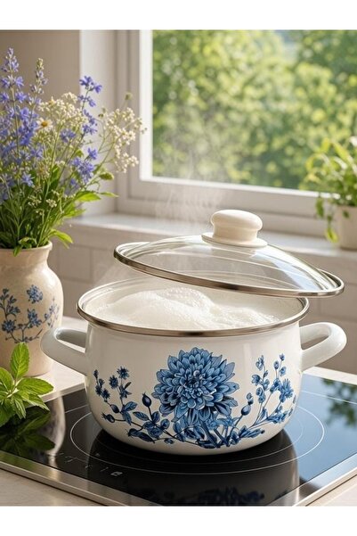 EBRULİEMAYE Star Flower Enamel Pot 3 Liters 20 cm Diameter Milk Yogurt Food S...