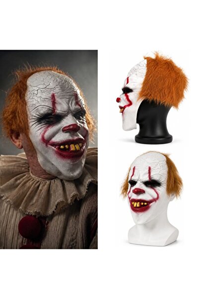 partidolu Halloween Saçlı Lateks Kafadan Geçmeli Pennywise Clown Palyaço Maskesi
