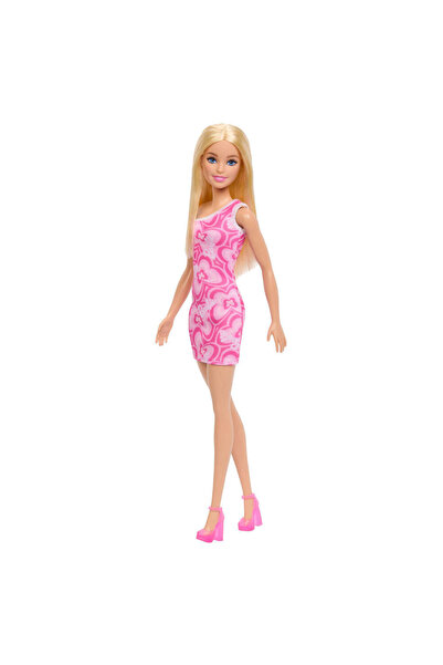 Barbie Ξανθιά κούκλα μόδας με ροζ τυπωμένο μίνι φόρεμα και παπούτσια, σε ποικ...