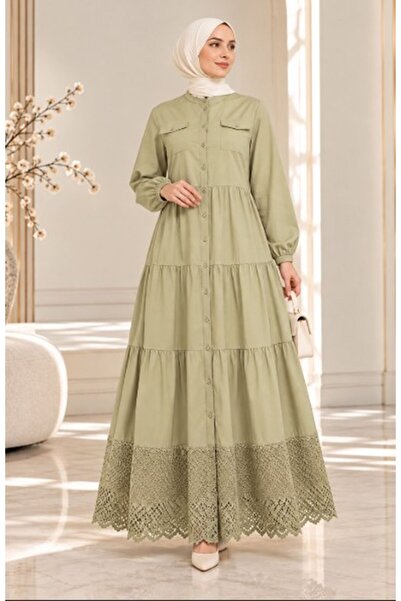 VELLICHOR Lace Natural Fabric Full-Length Button-Down Denim Dress Light Green