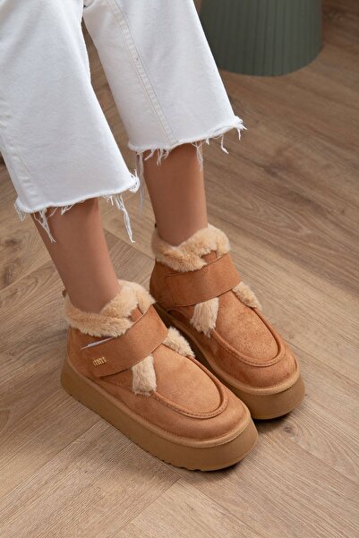 Esilapark Kadın Taba Süet İçi Kürklü Cırt Bantlı 5 cm Platform Kalın Tabanlı ...
