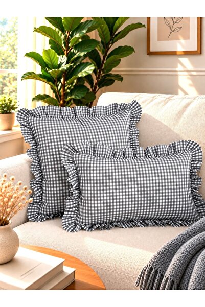 Decamor home Iris Cotton Linen Gray Mini Gingham Ruffled Throw Pillow Cover 1 Pc