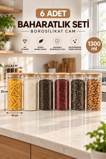 NOKKA 6’lı Borosilikat Cam Kavanoz Seti Bambu Kapaklı 1300 ml Baharatlık Sakl...