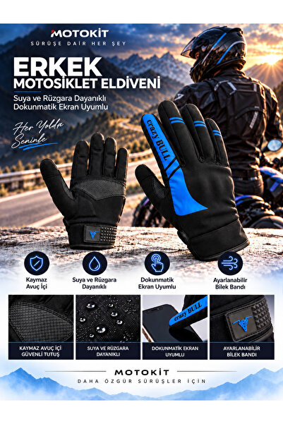 Mavi / Suya ve Rüzgara Dayanıklı 4 Mevsim Erkek Motosiklet Eldiveni