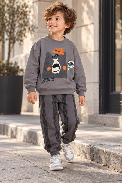 Zekalya Boy's Teddy Bear Printed Two-Thread Brushed Sweatshirt Jogger Top and Bottom Set
