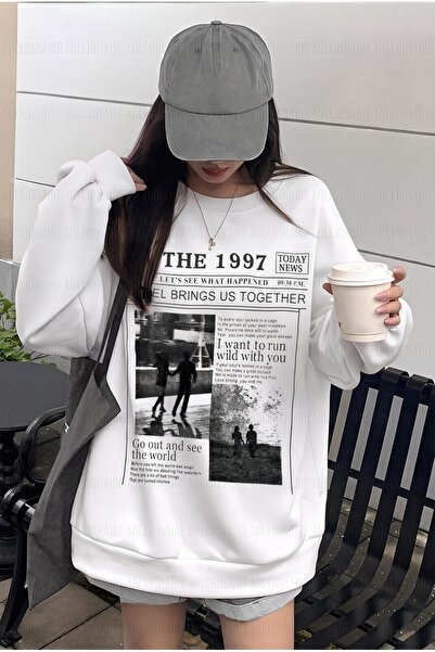 Millionaire Kadın Beyaz 1997 Baskılı 0 Sıfır Yaka Oversize Salaş Bol Kesim Po...