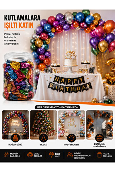 Zeyn Gross Metalik Balon 100'lü Kavanoz Paket | Parlak Renkli Parti Süs Balon...