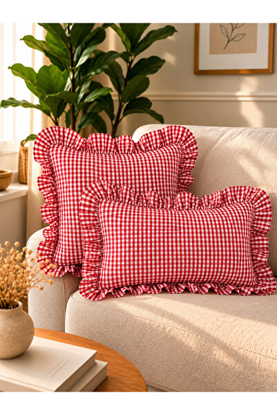 Decamor home Iris Cotton Linen Red Mini Gingham Ruffled Throw Pillow Cover 1 Pc