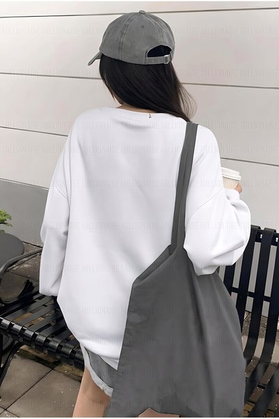 Millionaire Women's White 1997 Printed 0 Zero Neck Oversize Loose Fit Fleece Sweatshirt