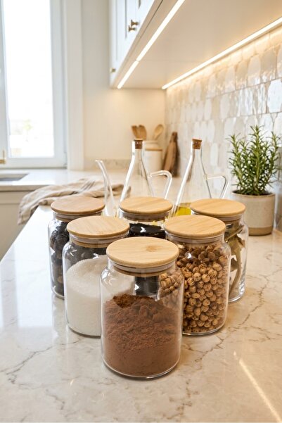 ÖZ HOME 6-Piece Vacuum Bamboo Lid Glass Jar Set 900 ml