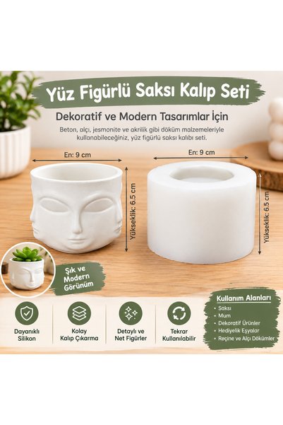 HobiCraft Market Minimalist Soyut Yüz Figürlü Silikon Mum -Saksı Kalıbı(9*6.5...