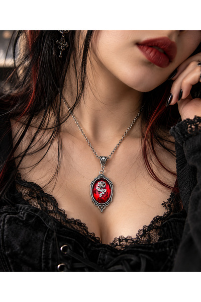 Herşey Nota Gotik Victorian Gül Detay Tablo Kolye 1 adet Kırmızı Kolye