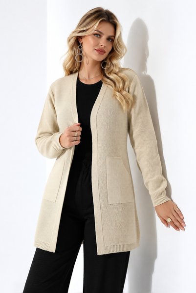 Marvine Women's Beige Comfortable Fit Knitwear Cardigan with Pockets