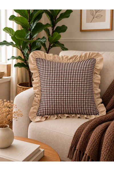Decamor home Iris Vintage Linen Mini Gingham Brown Ruffled Throw Pillow Cover...