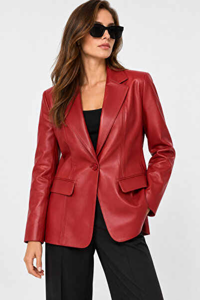 Basics&More Kadın Tek Düğmeli Blazer Kırmızı Deri Ceket B2020