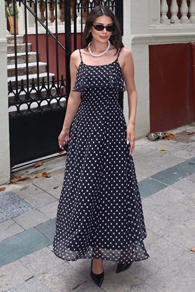 KECHİ WOMAN Şifon Astarlı Puantiyeli Askılı Elbise — Siyah