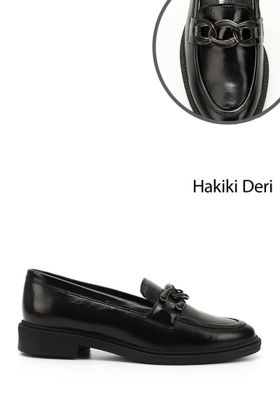 GÖNDERİ(R) Kadın Siyah Rugan Tokalı Hakiki Deri Loafer Ayakkabı