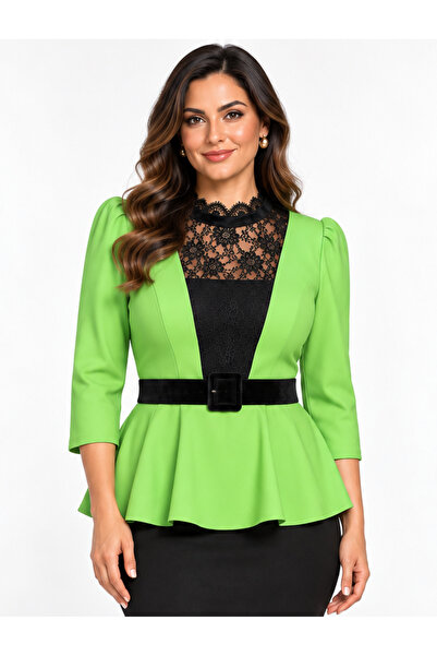 ROCMAY Plus Size, Belted, Stylish Blouse with Lace Details